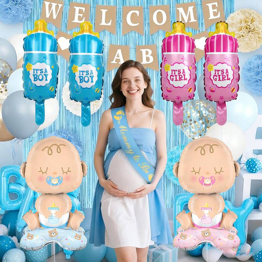 1 Set Freestanding Base Decorative Balloons, Blue Milk Bottle Reveal Gender Balloons, Birthday Party Decoration - Multicolor - View 1