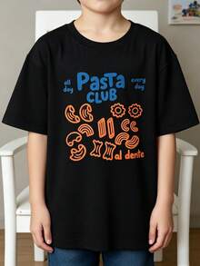 Camiseta de manga corta y cuello redondo para niños y niñas, con temática de comida: Estampado <<All-Day Pasta Club - Delicious Every Day» - Negro - Ver 8