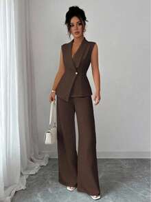 Sleeveless Blazer And High-Waisted Wide-Leg Pants Set – Elegant And Versatile For The Office Or A Party - Coffee Brown - View 7
