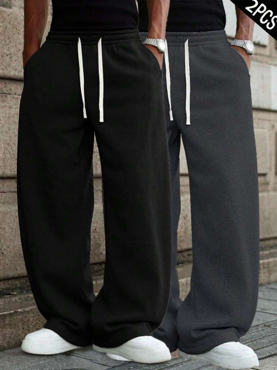 2pcs Men's Casual Sports Pants, Loose Straight Leg Design, Comfortable Draping, Suitable For Indoor And Outdoor Wear, Can Be Gifted To Couples, 100% Polyester Material, Drawstring Waistband For Adjustment, Available In Multiple Colors - Multicolor - View 1