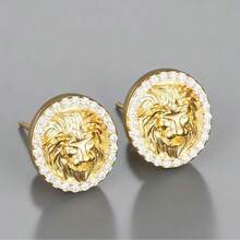 一对嘻哈耳环，金银双色奢华水钻椭圆形狮头耳环，适合男士日常佩戴 - 獅子耳環 - 查看 3