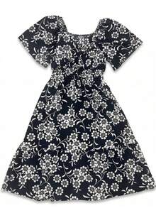 Women's Floral Dress, Summer Style, Elastic Waist, Short Sleeves, Lightweight, Casual - 黑色 - 查看 2