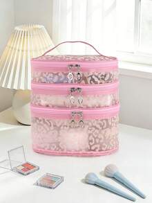 1个少女粉色豹纹网眼化妆包，奢华椭圆形多层圆筒化妆包，大容量便携旅行洗漱用品收纳包 - 彩色 - 查看 11