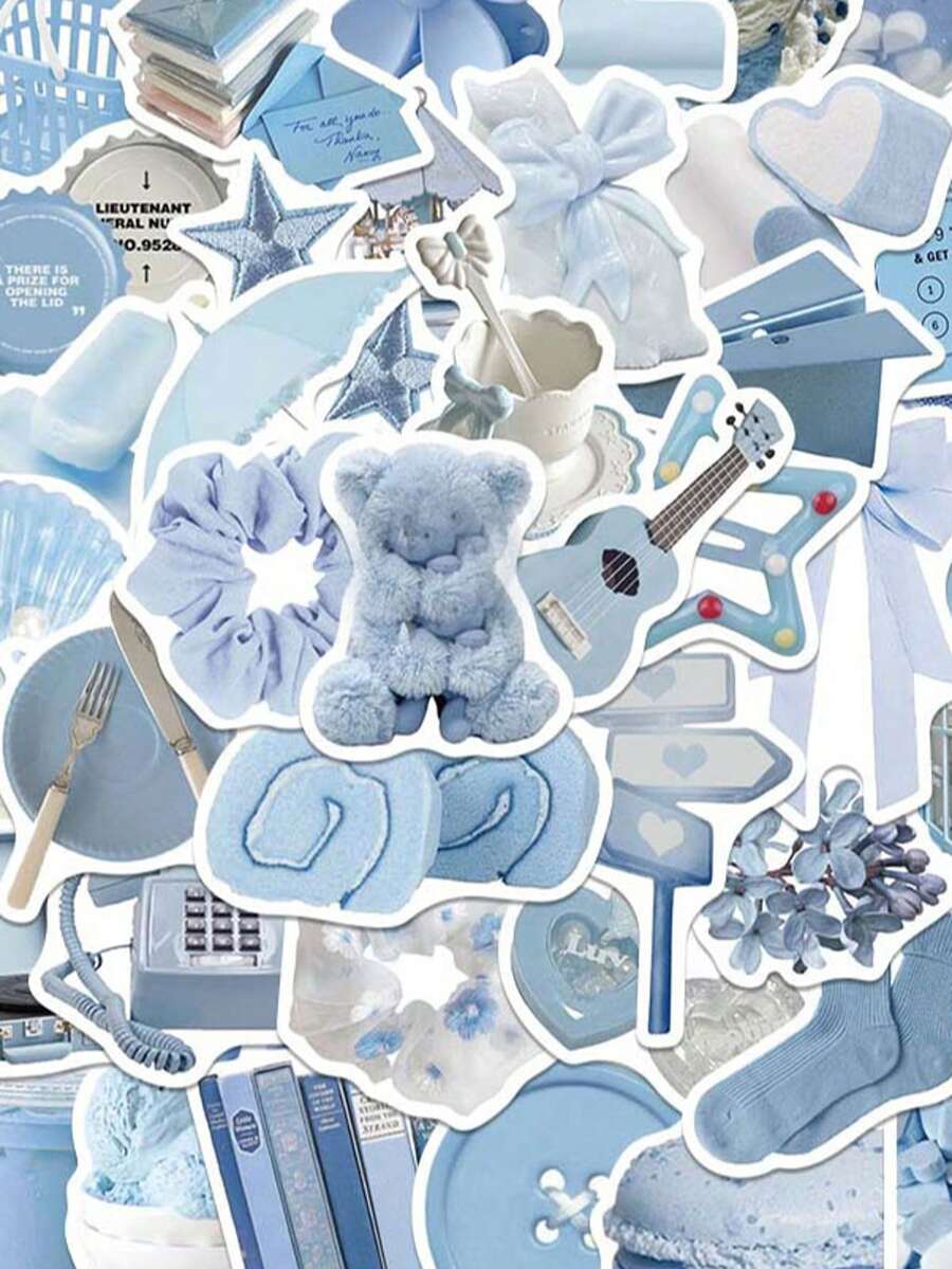 50張藍色夢幻美學貼紙 Y2K風格 水彩時尚 Ins貼紙 適用於水壺、滑板、行李箱、筆記本電腦、汽車貼紙、主題派對用品