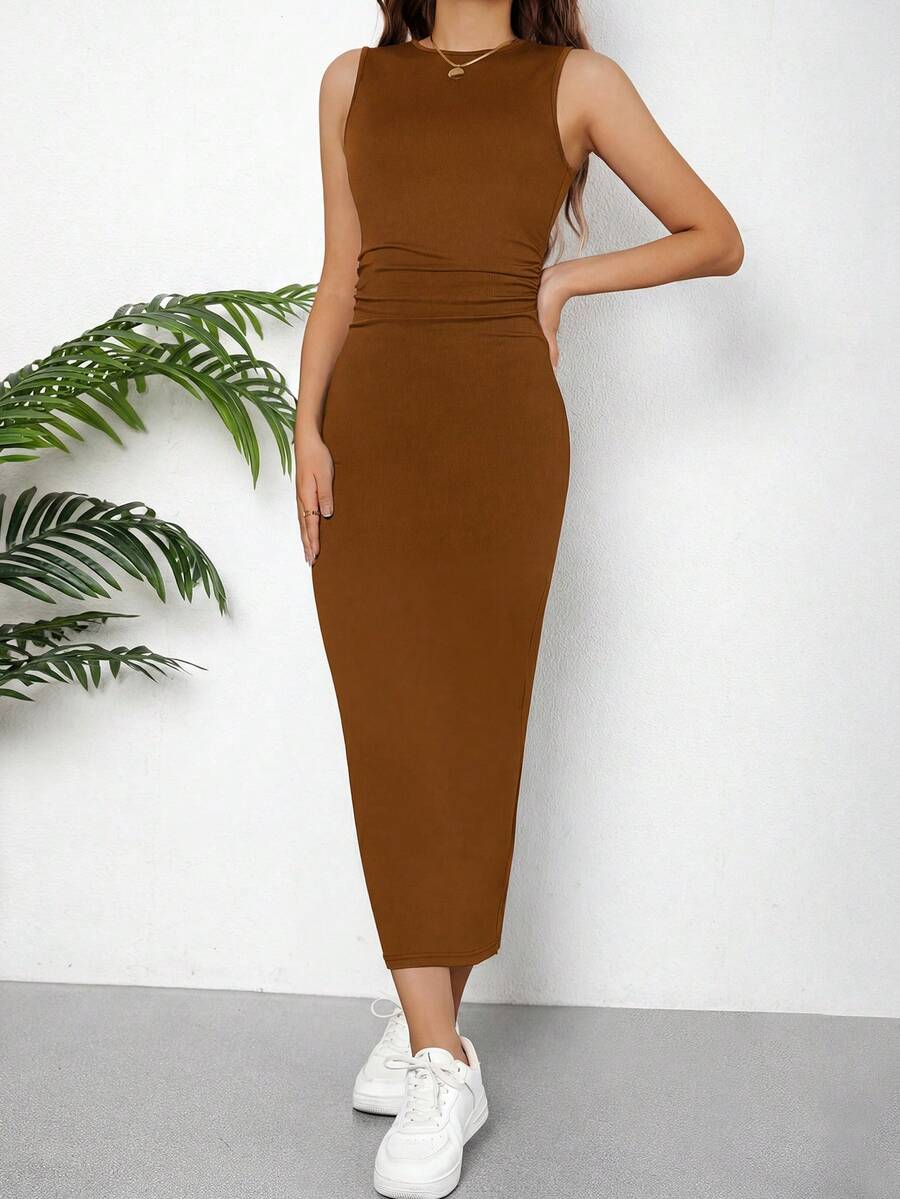 Vestido de punto de unicolor sin mangas con ajuste ceñido y diseño fruncido para adolescentes (YY590) - Marrón - Ver 1