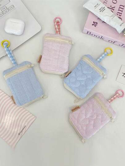 1pc Portable Key Bag With Stretch Rope Large Capacity Key Case Cute Hanging Universal Zipper Key Bag For Women Key Bag With Key Ring And Key Chain Bag Foam Quilted Lipstick Bag Mini Cosmetics Bag Strip Print Makeup Bag Make Up Bag Zipper Makeup Pouch Lipstick Pouch Travel Coin Wallet Double-Layer Purse Pouch Creative Change Purse Christmas Gifts Thanksgiving Gifts For Women Mini Wallet, Perfect Gift For Teacher's Day, Valentine's Day, Birthday, Christmas, And Any Special Occasion