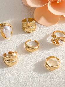 1 Set Of 6 Pcs Sweet & Cool Geometric Baroque Pearl Ring Set, Personalized Liquid Metal Smooth Geometric Ring Set - Gold - View 4
