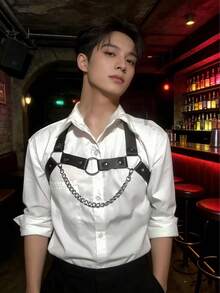 1pc New Men's Shoulder Strap Waist Belt, Casual Leather Chain Versatile Accessory Waist Belt - Black - View 3