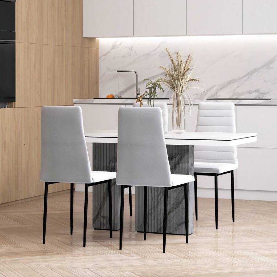HOMCOM Modern Dining Chairs Set Of 4, Upholstered Linen Fabric Kitchen Chairs With Channel Tufting And Metal Legs For Living Room, Dining Room, Bedroom, White - White - View 1