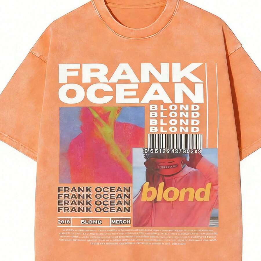 2026 Summer ClothesWashed T Shirt Frank Oceans Blonde Album Music Hip Hop Vintage T-Shirts Oversize Streetwear Cotton Summer Tees For Men WomenLoose And Comfortablesummer Tops - 珊瑚橙 - 查看 1