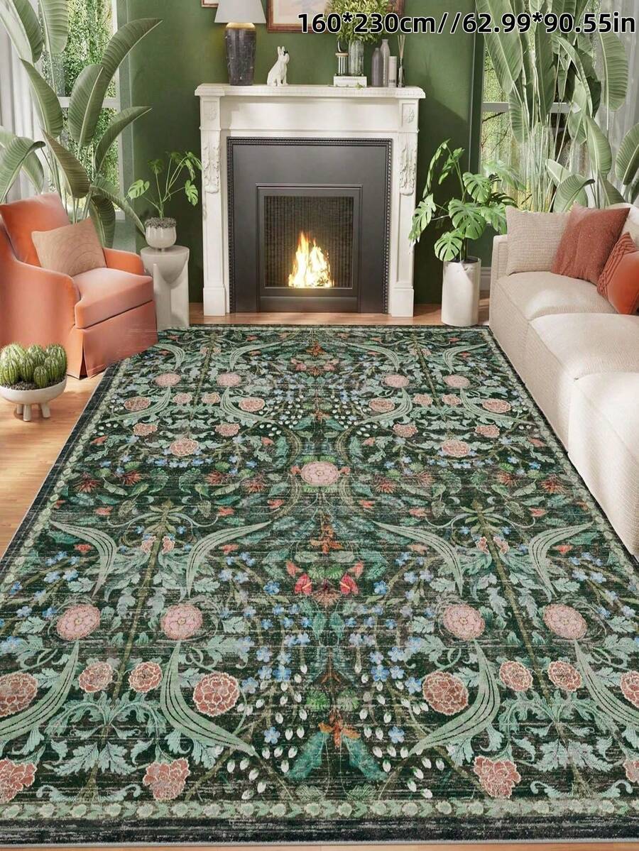 1 件波西米亚现代巴黎花卉花园地毯,适用于客厅,防滑锈红色印花复古农舍地毯,适用于卧室、餐厅、宿舍、办公室、家居装饰 - 淡綠 - 查看 1