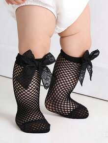 2 Pairs Baby Girls' Sweet Cute Bow Decor Hollow Fishnet Socks, Breathable Mid-Calf Mesh Socks For Spring/Summer - Multicolor - View 3
