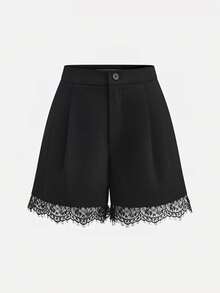 Women's Black Woven Shorts With Contrast Lace Detail And Button Closure Slight Stretch Fabric Straight Leg Short Length Summer - Black - View 1