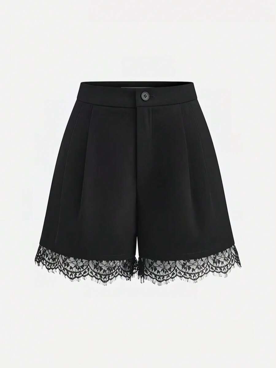 Women's Black Woven Shorts With Contrast Lace Detail And Button Closure Slight Stretch Fabric Straight Leg Short Length Summer - Black - View 1