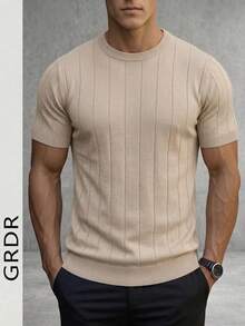 GRDR 男士夏季针织纯色罗纹短袖毛衣，运动休闲风，适合户外活动 - 杏色 - 查看 2