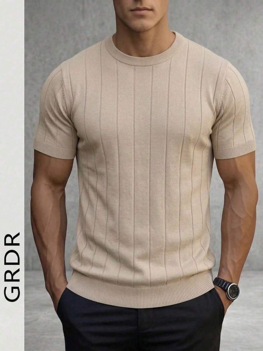 GRDR 男士夏季针织纯色罗纹短袖毛衣，运动休闲风，适合户外活动