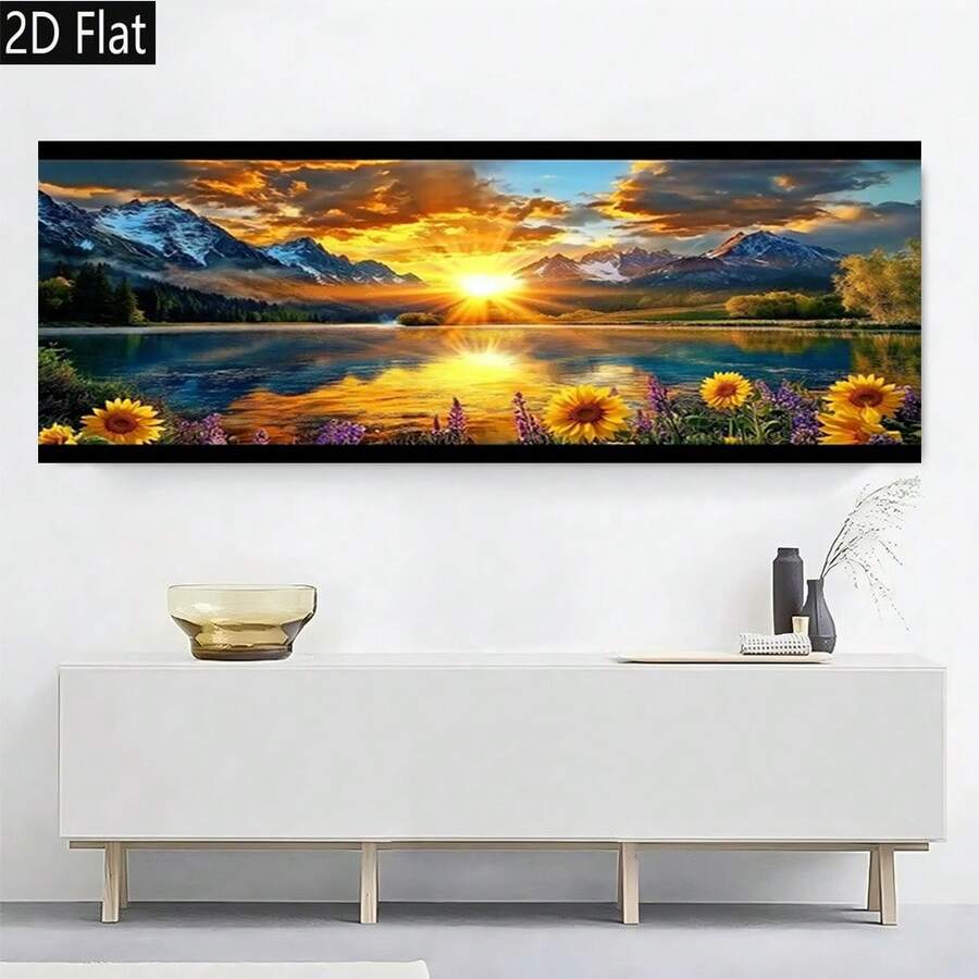 Plano 2D, 1 pieza de arte de pared en lienzo sin marco, póster impreso de alta calidad, puesta de sol de montaña y lago, estilo retro moderno, para decoración elegante del hogar y la oficina, arte de pared de fondo de gran tamaño, decoración del hogar, regalo de arte de pared, Plano 2D - Sin marco - Ver 1