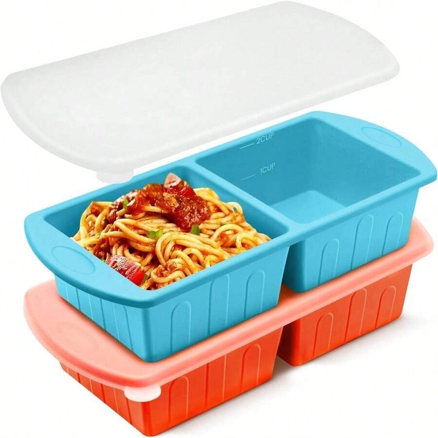 2 Pack Silicone Freezer Trays With Lid Easy Storage Silicone Soup Freezer Molds 2 Cup Cube Tray Freezing Broth Sauces Store Leftovers, Leakproof, Easy Release Dishwasher - xanh dương + cam - Xem 1