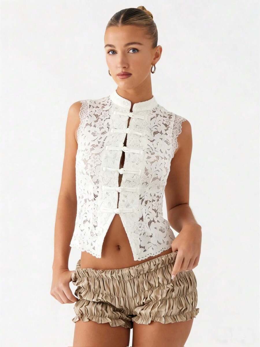 Women Long Sleeve Mandarin Collar Guipure Split Blouse Top Lace Floral Puff Sleeve Button-Down Shirt Slim Fit Elegant Sheer Tops Party Clubwear - 無袖白色 - 查看 1