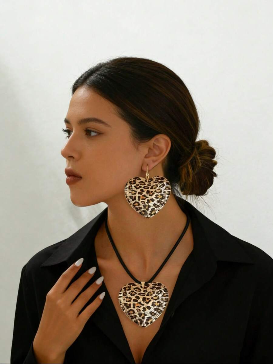 3件套豹纹时尚百搭朋克风项链吊坠套装，秋冬款 - 金黃色 - 查看 1