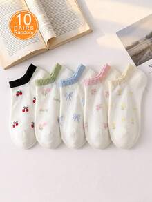 1/5/10 pares de calcetines invisibles tipo barco de corte bajo con lazo aleatorio color cereza para mujer, moda primavera/verano, suaves, cómodos, transpirables, versátiles y lindos, adecuados para uso diario al aire libre - Multicolor - Ver 7