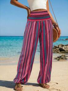 Pantalones rojos a rayas de uso diario versátil y casual para mujer - Rojo - Ver 3