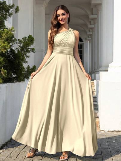Volly Toych Modest Elegant Sleeveless Chiffon Maxi Bridesmaid Dress With Asymmetricalv Neck And Draped Knot Detail, , Wedding Guest Dress