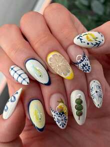 24Pcs/Set French Almond Shape Tie Dye White Base False Nails With 3D Golden Flower & Bead Decor, Full Cover Nail Tips Ladies & Girls, Party, Date, Vacation Press On Nails Nail Supplies Nails - 多色 4 - 查看 8