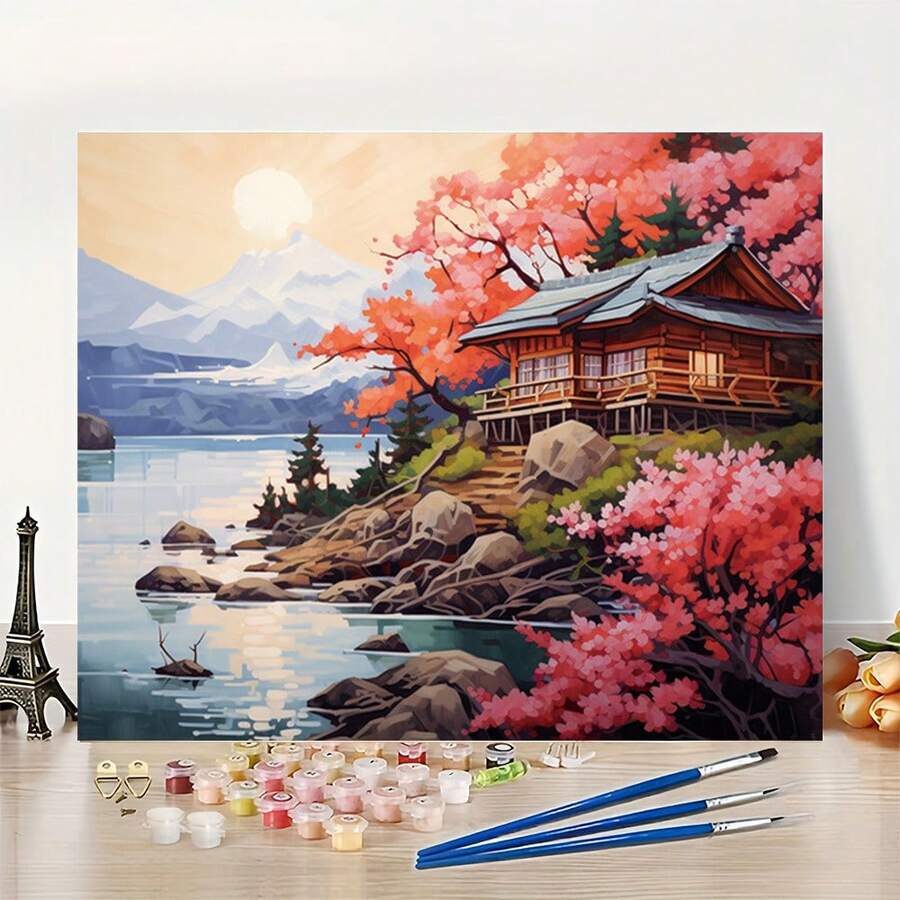 Kit de pintura digital profesional para uso artístico, 1 pieza de diseño japonés de flores de cerezo junto al lago para ocio - Adecuado para principiantes - 40.64X50.8 cm - Sin marco - Pintar por números - Set de arte hecho a mano - Pintura digital acrílica - P - Sin marco - Ver 1