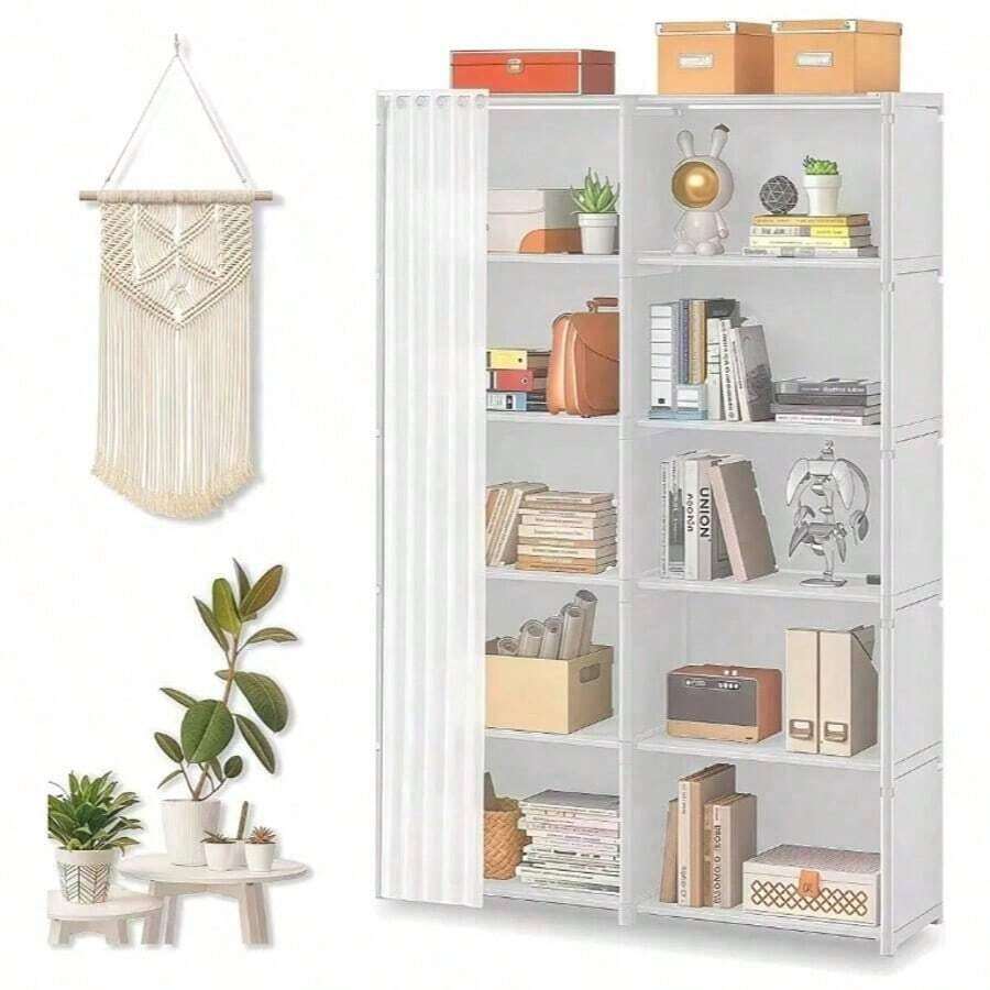 1 Unit |   Portable Wardrobe With Removable Double-Layer Coat Rack, Foldable Textile Shelving With Waterproof Shelves And Roller Curtain – Compact Vertical Organizer For Clothes And Shoes, Galvanized Steel Structure, Quick And Decorative Assembly - Black - View 1