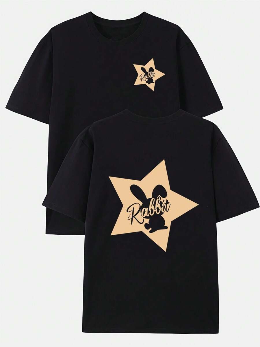 1 Piece Package: Men's 100% Cotton Crew Neck T-Shirt, Casual Style With Letter Print And Rabbit Design On Both Sides - Summer Short Sleeve T-Shirt, Crew Neck, Rabbit Design On Front And Back, Regular Fit, Suitable For Gym, Outdoor Activities And Daily Wear - Easy Clean Summer Essential, Daily Casual Outfit, Versatile Men's T-Shirt. - 黑色 - 查看 1