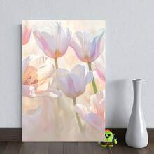 1 Póster de Lienzo Moderno 2D Plano - Tulipanes en Tonos Suaves Rosa, Blanco y Verde - Decoración Minimalista para Sala, Dormitorio u Oficina - Regalo Ideal para Inauguraciones, Bodas o Navidad - Impresión de Alta Calidad, Arte Enmarcado en Lienzo Envuelto - Decoración Navideña - Enmarcado - Ver 4