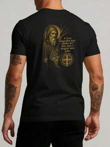 Men's Catholic T-Shirt With Saint Benedict Medal, Religious Style, 100% Cotton - Black - View 2