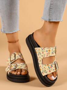 Women's Flat Sandals, New Summer Fashion Thick-Soled Casual Beach Slippers, Floral Pattern Adjustable Strap Sandals - Beige - View 4