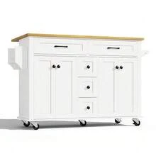 Multifunctional Kitchen Trolley With Foldable Worktop, Extendable Up To 120*65 Cm, With 5 Drawers, Cabinets, Spice Rack And Towel Rack, With Wheels – Kitchen Island For Kitchen, Dining Room And Living Room. - 白色 - 查看 10