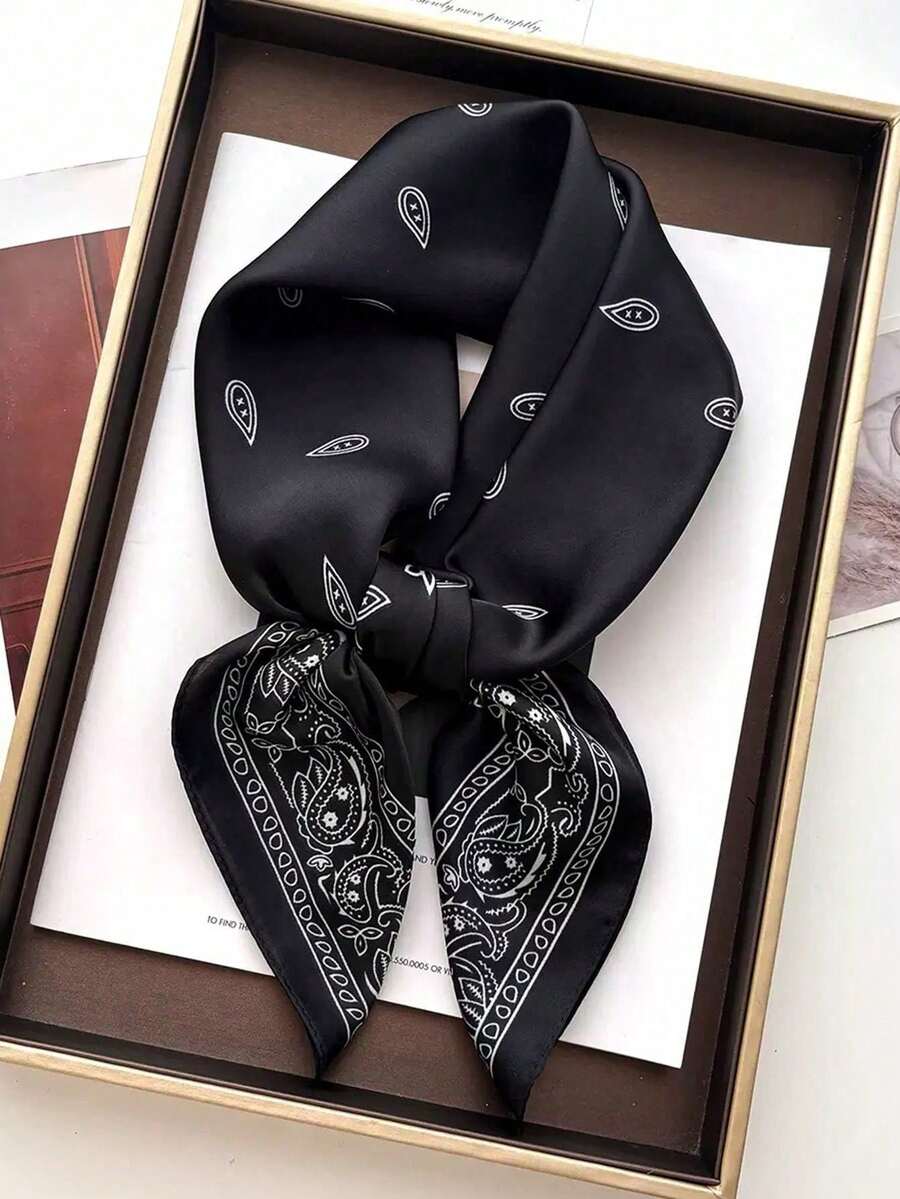 1pc Faux Silk Satin Bali Batik Print 70cm Square Scarf, Men's Headscarf, Sun Protection Scarf, Versatile Decorative Neckerchief, Beach Cover Up - Black - View 1