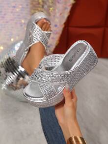Women's Wedge Sandals, Silver Woven Rhinestone Cross Strap Platform Slides, Open Toe Slip On Platform Wedge Heels For Summer Beach Party Wedding - Silver - View 1