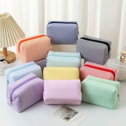 双色条纹薄纱文具笔袋，刺绣条纹手提便携旅行化妆包，学生文具收纳袋，适合上学、出差、旅行