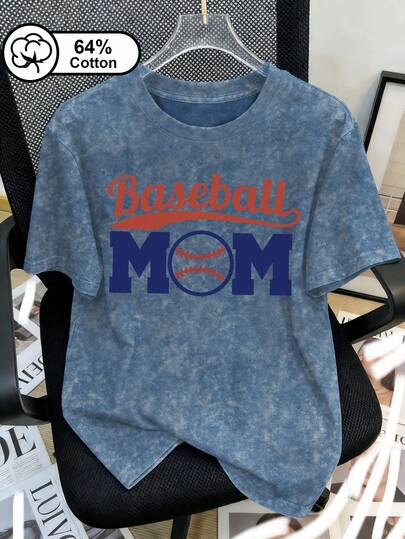 Camiseta casual de talla grande para mujer, blanca con estampado de letra azul "Baseball Mom" en estilo béisbol, camiseta de manga corta con lavado vintage, adecuada para uso al aire libre, top para damas, ropa de verano, estampado gráfico, regalo del Día de la Madre