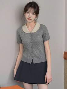 女士休闲简约撞色人字纹针织Polo衫（夏季款） - 灰色 - 查看 5