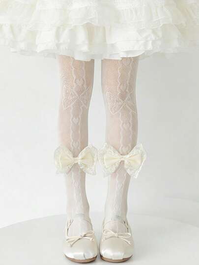 1pc Children's Lolita Bowknot Mesh Lace Jacquard Tights, Japanese Style Outer Wear Dance Princess Pantyhose