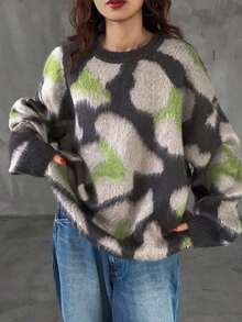 Suéter casual de cuello redondo con estampado completo y manga larga para mujer, prenda versátil ideal para el otoño. - Verde - Ver 12