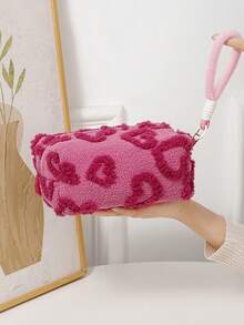 Bolsa de cosméticos de gran capacidad y linda de peluche, bolsa de maquillaje portátil para viajes, bolsa de aseo, bolsa de cosméticos, bolsa de lavado, almacenamiento de maquillaje, regalo duradero para el Día de la Madre, artículos esenciales para vacaciones, regalos para madres - Rosa Fucsia - Ver 3