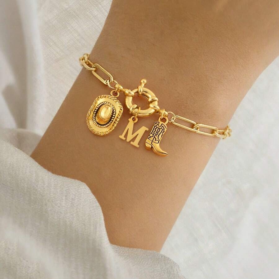 1pc Classic Fashion Letter Western Cowboy Hat, Stainless Steel Spring Clasp Chain Bracelet For Women - Golden Stainless Steel - View 1