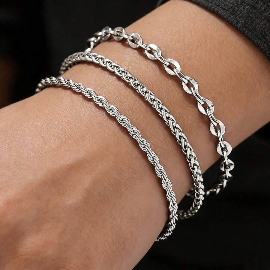 Bộ 3 vòng tay dây xích bằng thép không gỉ dành cho nam và nữ, kiểu dây thừng , có thể xếp chồng lên nhau, dài 19cm + 5cm (có thể điều chỉnh), chống thấm nước và chống phai màu, trang sức đeo hàng ngày. - 202511B10 - Xem 1