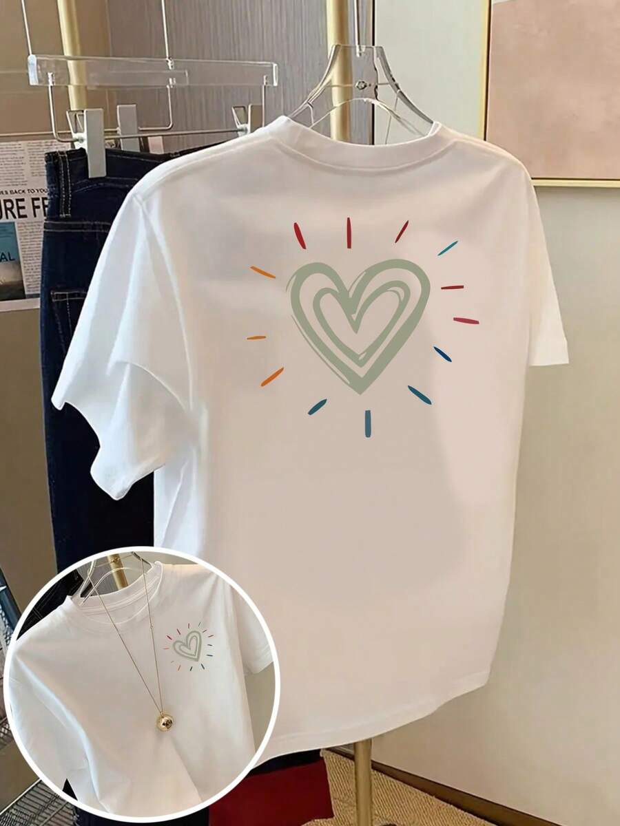 100% Cotton 1PCS Women's White Heart Print T-Shirt - Double-Sided Heart Design On The Front And Back, Green Heart With Colorful Stripes, Loose Round Neck Short Sleeves, Breathable And Casual For Spring/Summer/Autumn, Light Mint Color And Soft Hues, Machine Washable, A Must-Have Layering Piece For Valentine's Day, Medium Stretch Fabric, Classic Comfortable Fit, Heart Pattern On Both Sides, Versatile For Spring/Summer/Autumn. 2026-Summer, Holiday Outfits For Wo, Tops For Going Out - trắng - Xem 1