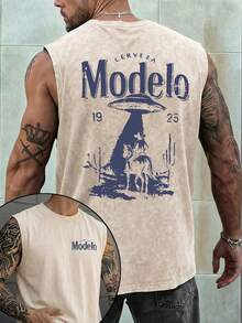 Men's Printed Vintage Washed Vest, Loose Fit, Casual Street Style, An Essential Everyday Item. - Màu be - Xem 1