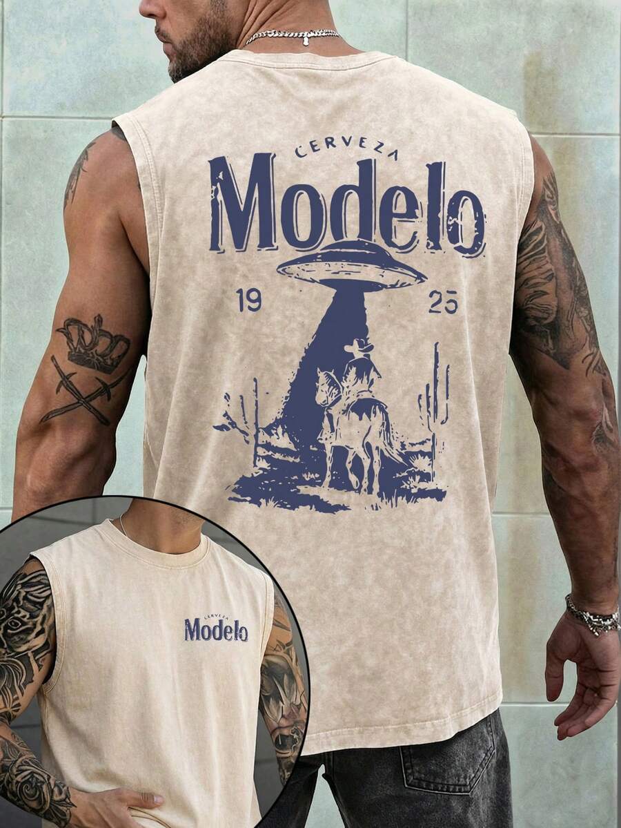 Men's Printed Vintage Washed Vest, Loose Fit, Casual Street Style, An Essential Everyday Item. - Màu be - Xem 1