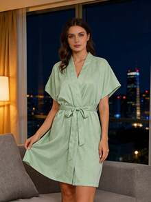 Silk Texture Women's Daily Casual Waist Tie Short Sleeve Bathrobe Premium Loungewear Autumn/Winter - Green - View 4