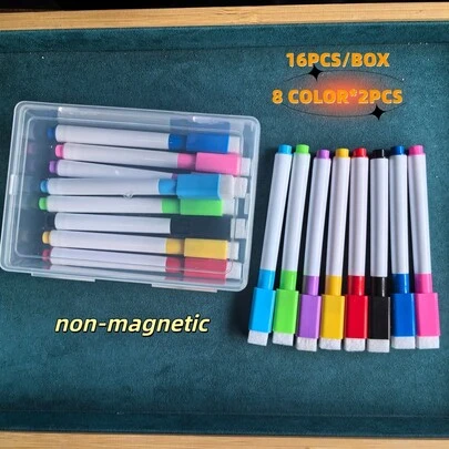 16Pcs With Storage Box Whiteboard Dry Erase Markers Non- Magntic Small Size 11.3*1cm Staionery Office 8 Color Each 2pcs Whiteboard Pen
